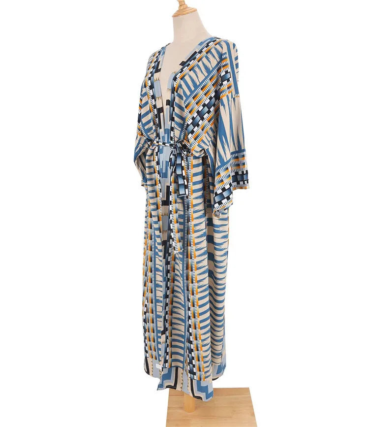 Beach Cover Up Over Sized Kimonos Women's Geometry Print Rayon Kimonos with Belt for Summer