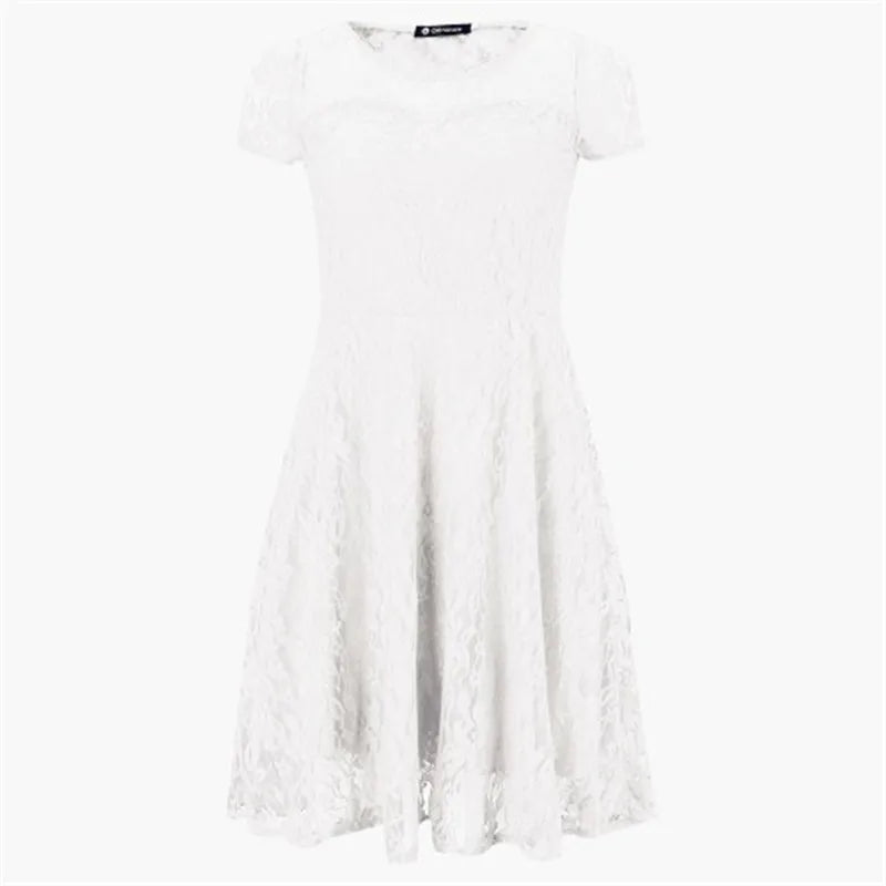 Sexy Women Floral Lace Dress Round Neck Short Sleeve Vintage Lace A-line Dress Patchwork Slim Pleated Swing Cocktail Party Dress