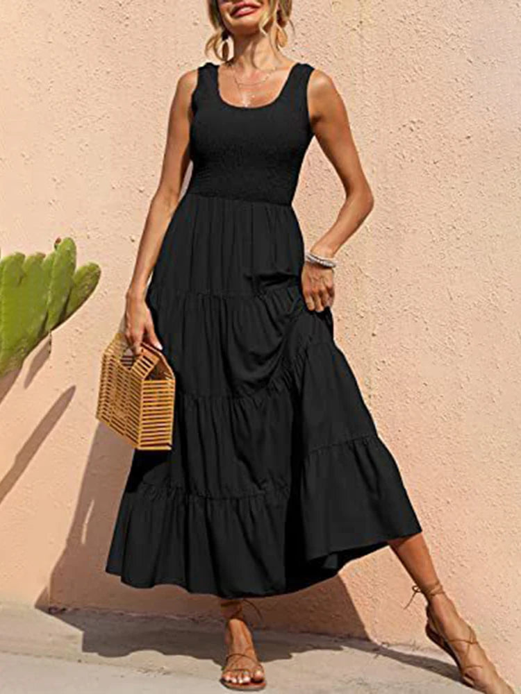 Dresses For Women Summer Sexy Elegant Sleeveless Floral Solid Color Long Dress Fashion Elastic Waist Beach Party Big Swing