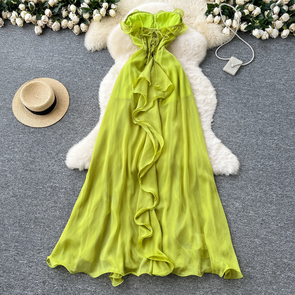 Sexy ruffle asymmetrical split  Elastic Slim backless  Elegant Dress Beach Summer Korean Fashion Vestidos