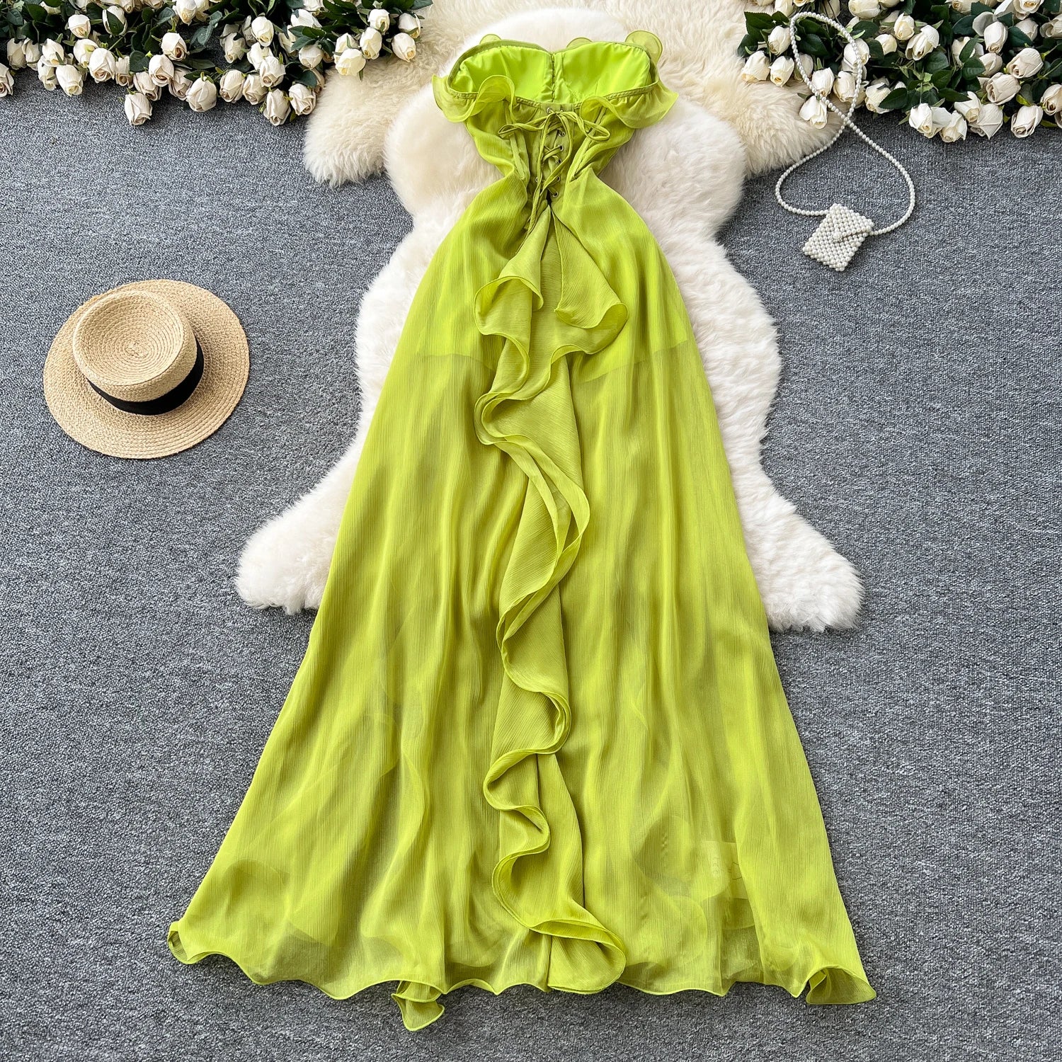 Sexy ruffle asymmetrical split  Elastic Slim backless  Elegant Dress Beach Summer Korean Fashion Vestidos