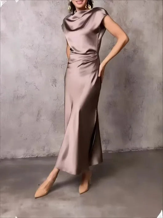 Chic Short Sleeve Evening Dress Temperament Women Silk Satin Party Long Dress Elegant Solid Color Banquet Female Formal Dress