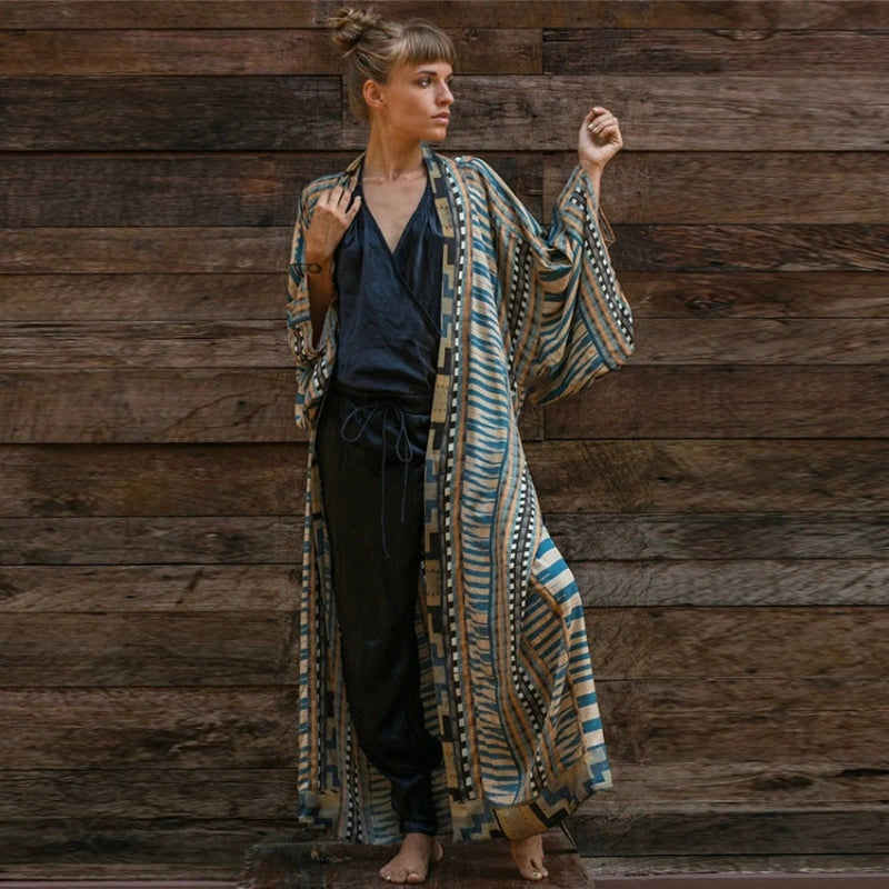 Beach Cover Up Over Sized Kimonos Women's Geometry Print Rayon Kimonos with Belt for Summer