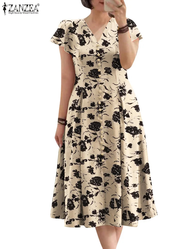 ZANZEA Summer OL Work Ruffle Sleeve Women Midi Dress  Casual Floral Print A-line Vestidos V Neck Waist Party Sundress Oversized