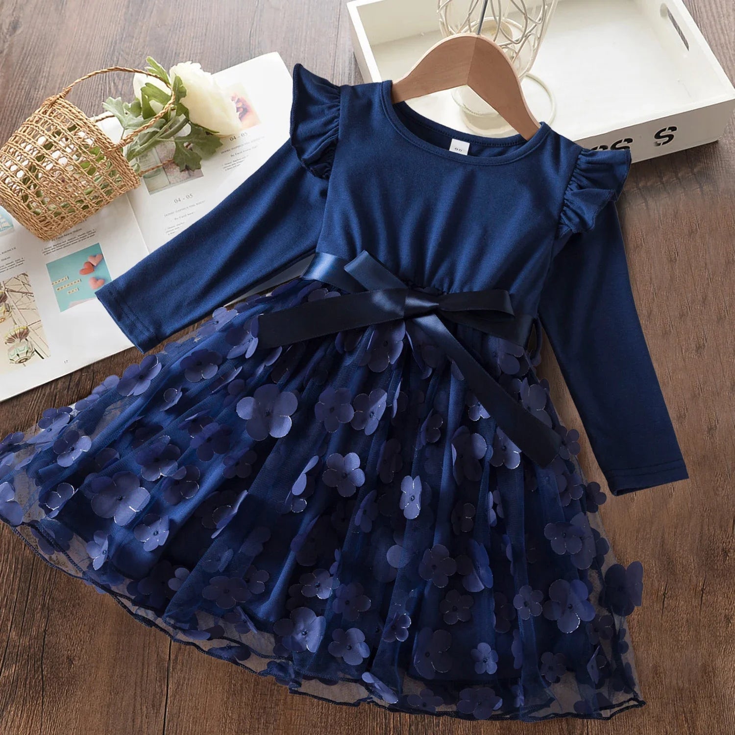 2024 New Autumn\Winter Girls Dress 2-6Yrs Polka-Dot Long Sleeves Mesh Casual Layered Dresses Kids Birthday Party Princess Dress