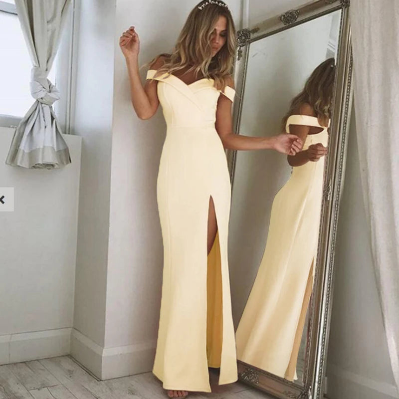 New Summer Elegant Party Dresses Evening Sexy Blue Slim Maxi Dress Slash Neck Off Shoulder Wedding Guest Elegant Dress for Women