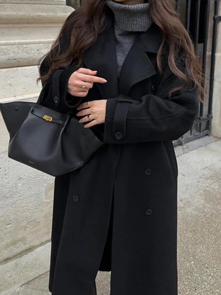 Elegant With Belt Black Long Coat For Women Oversize Woolen Double Button Lapel Overcoat Autumn New Lady High Street Outerwear
