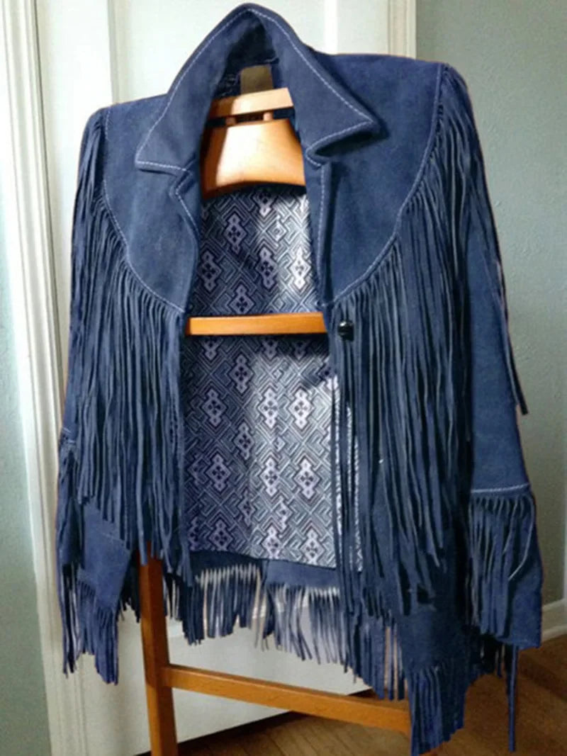 Casual Suede Leather Jacket Brown Lapel Pocket Fashion Woman Single Button Long Sleeve Tassel Coat Lady Spring Street Outwear