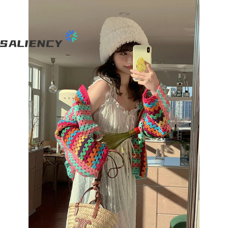 Colorful Knit Stitch Hollow Out Cardigan Oversize Women Crochet Tops