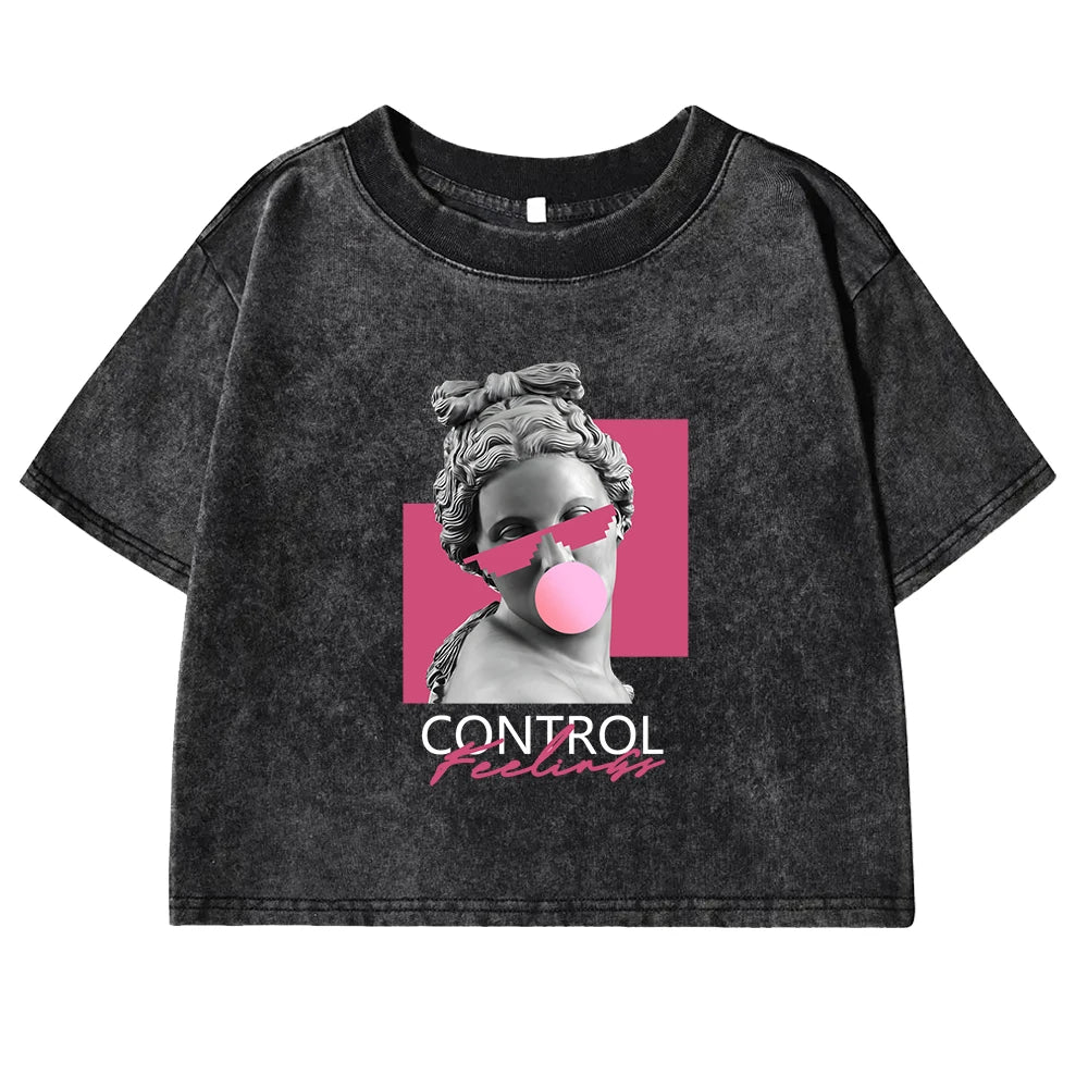 A Sculpture Of A Woman Blowing Bubbles Print Women Washed T Shirt Cotton Casual  Short Sleeve Crop Top Street All-Match Tee