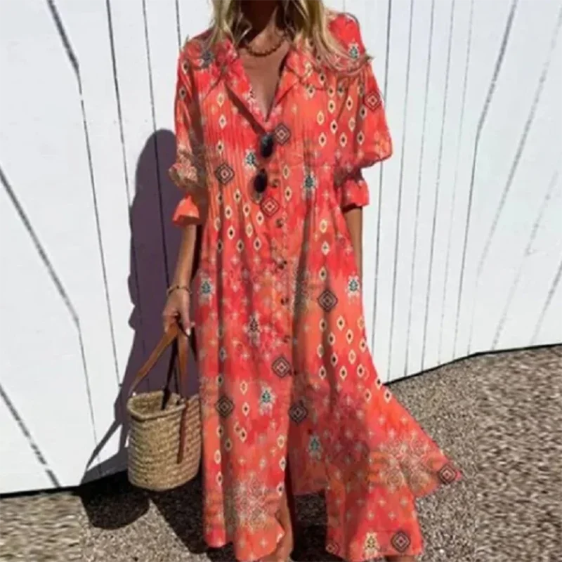 New Women's V-neck Single Breasted Shirt Dress Casual Loose Bohemian Long Dress 2024 Retro Pattern Printed Loose Vacation Dress