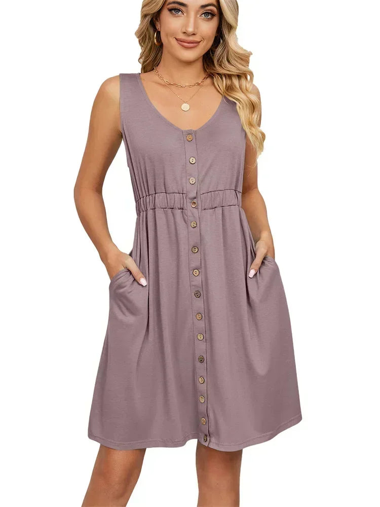 Vintage Elegant Summer Casual A-Line Womens Pullover Loose Pocket Dress Chic O-Neck Solid Sleeveless Long Dresses For Women