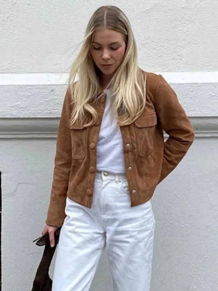 ZBZA Women's Brown Simple Casual Jacket