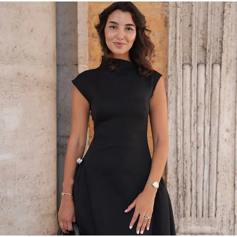 Elegant Brown Diagonal Neck Long Dress Vintage Women's Loose Black Metal Buckle Sleeveless Maxi Dresses Female 2025 Summer Robe