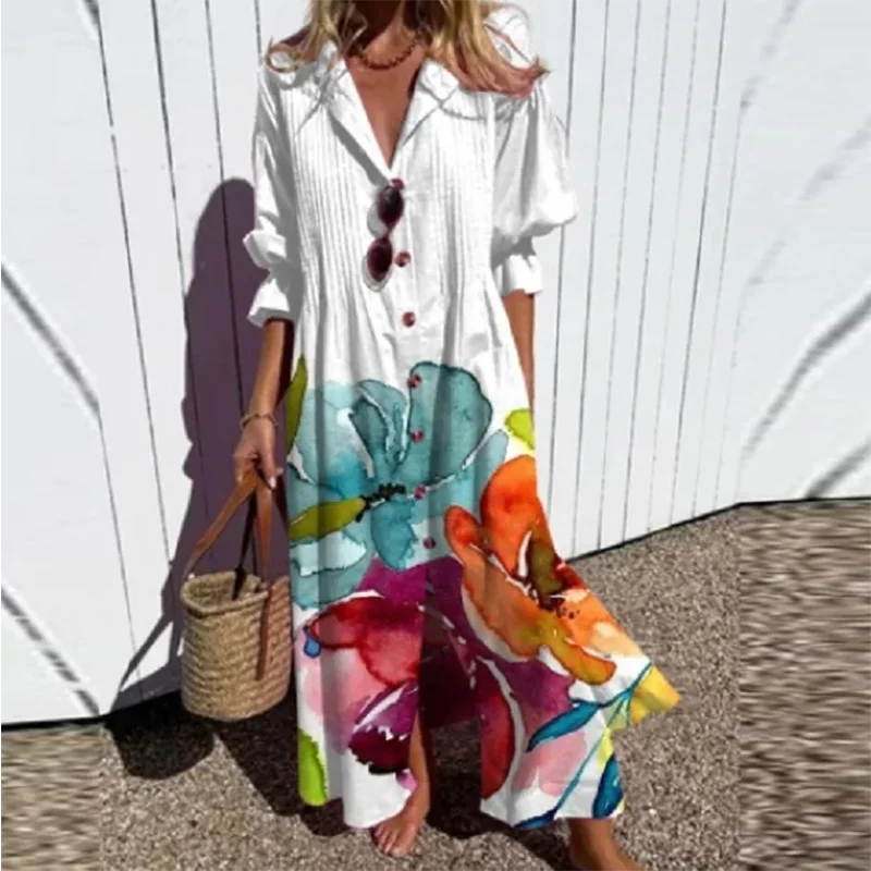New Women's V-neck Single Breasted Shirt Dress Casual Loose Bohemian Long Dress 2024 Retro Pattern Printed Loose Vacation Dress