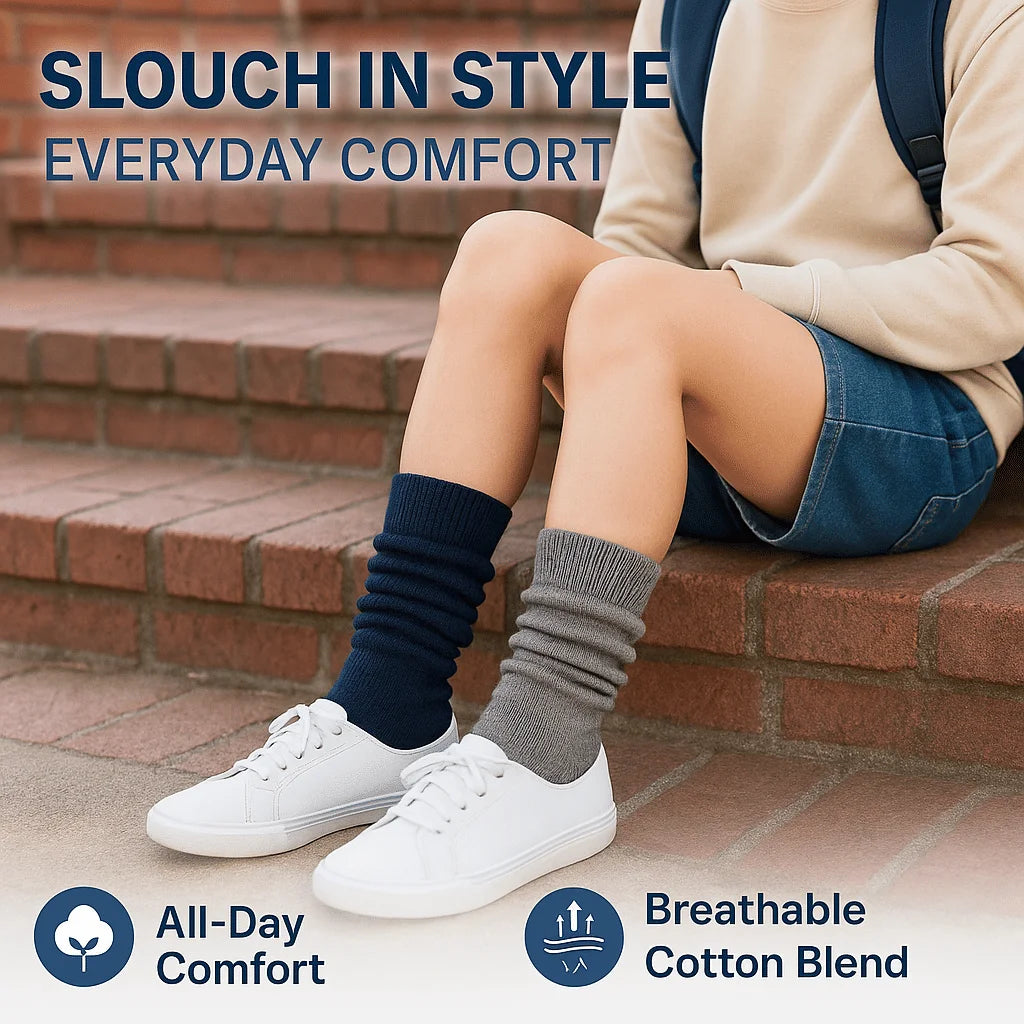 3-Pack Extra Long Navy Gray and White Slouch Socks for Women Knee-High Cotton Blend for All-Day Comfort