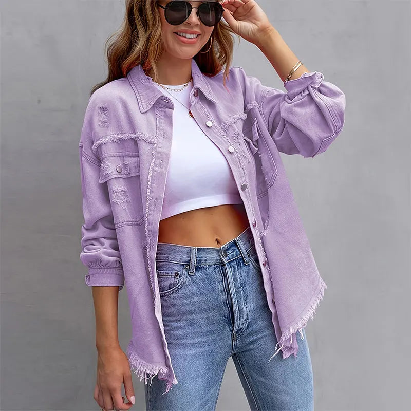 2025 New Leisure Denim Jacket Women Solid Color, Loose, Ripped, Long-Sleeved, Lapel, Fashionable Elegant Denim Jacket Female
