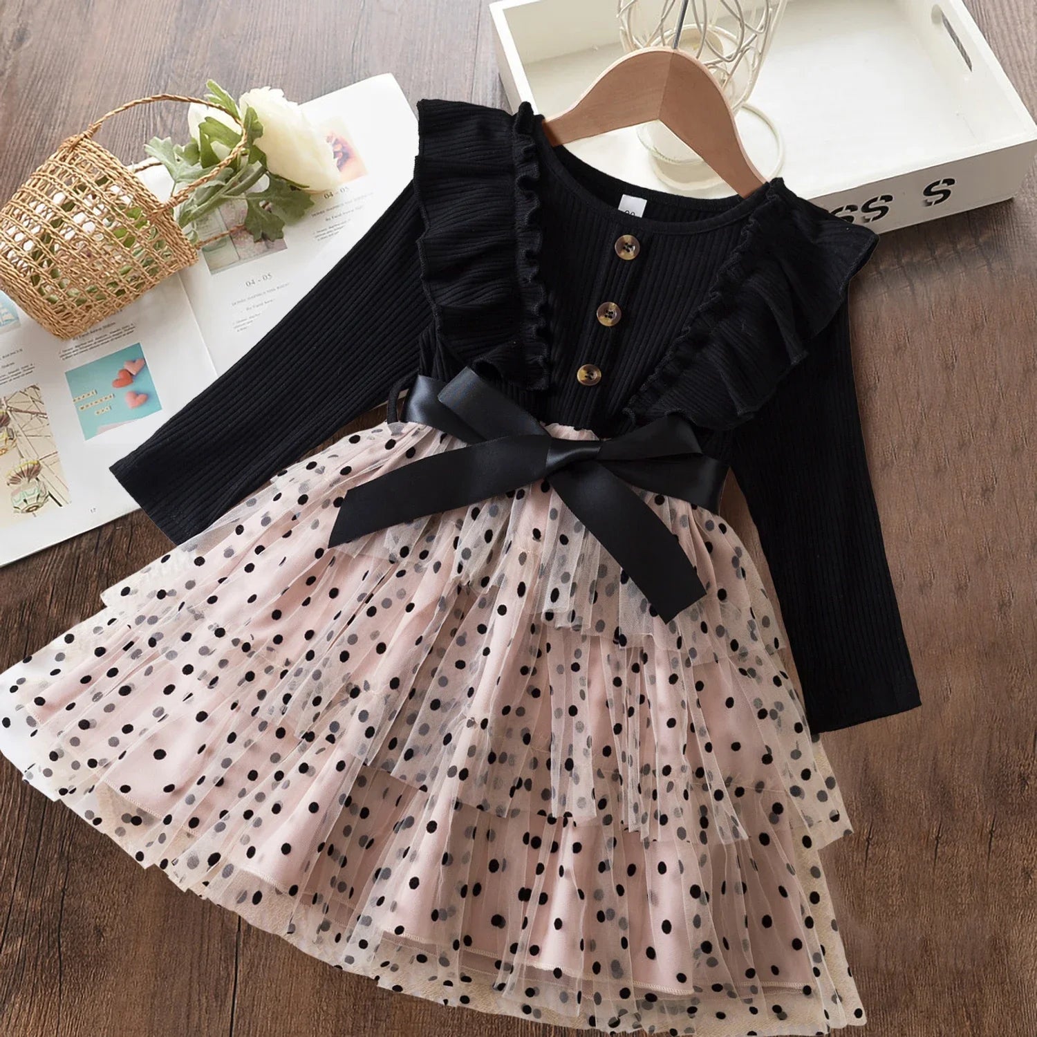 2024 New Autumn\Winter Girls Dress 2-6Yrs Polka-Dot Long Sleeves Mesh Casual Layered Dresses Kids Birthday Party Princess Dress