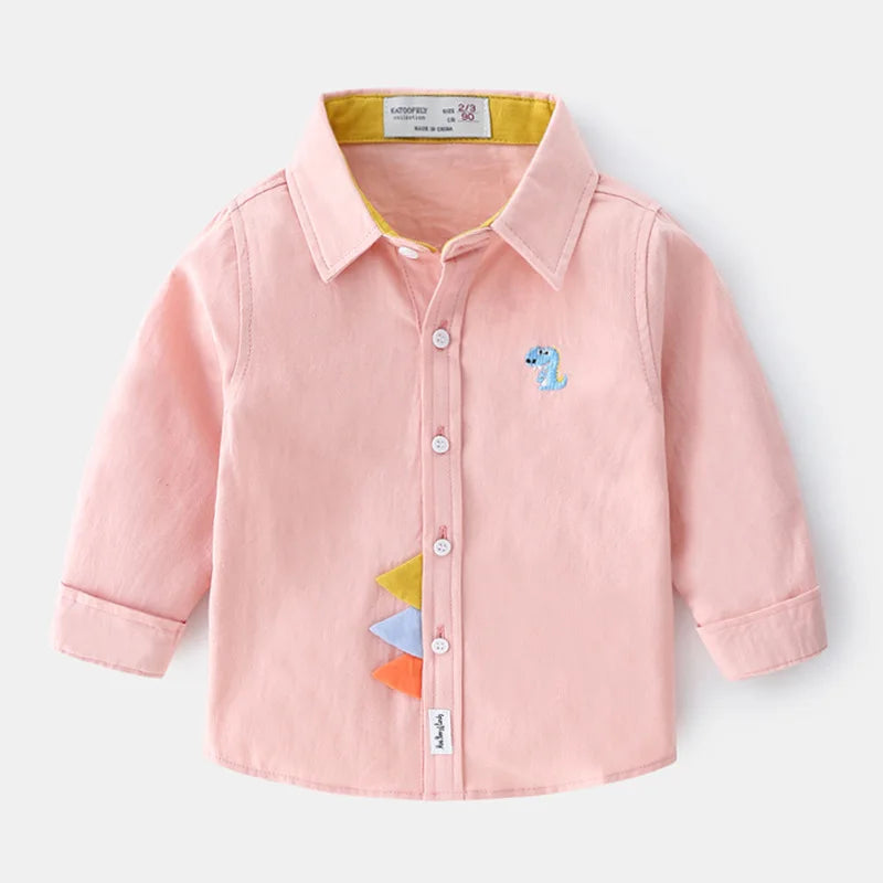 2025 Spring Autumn Boys Long Sleeve Blouses & Shirts Kids Korean Version Cotton Cartoon Dinosaurs Printing Lapel Tops 2-7Years