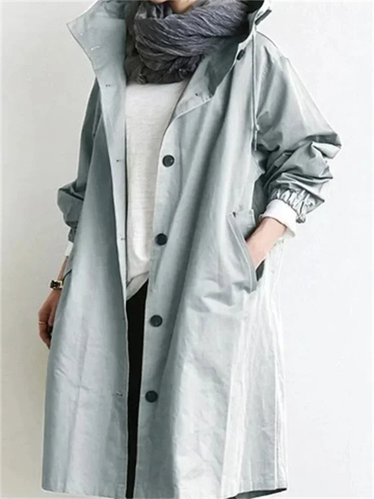 Spring Autumn Casual Korean Fashion Hooded Medium Long Overcoat Loose Windproof Coat Women Trench Coat Solid Color Pocket