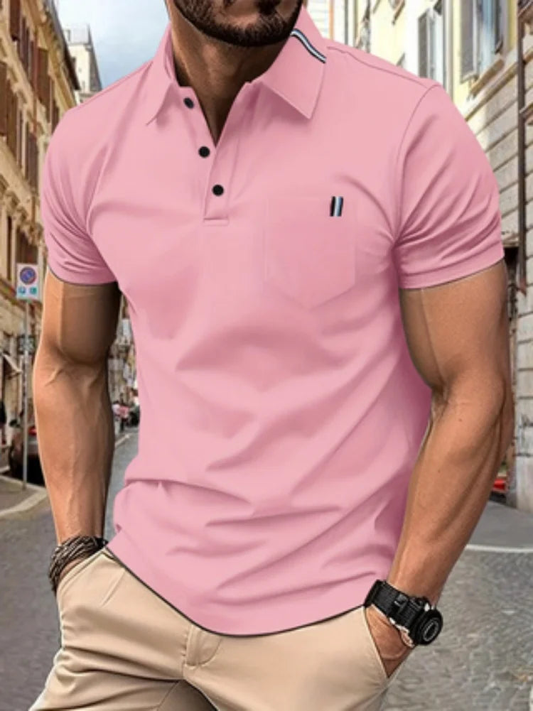 2024 New Solid color men's casual fashion lapel pocket ribbon decoration short-sleeved POLO shirt sports golf slim polo shirt