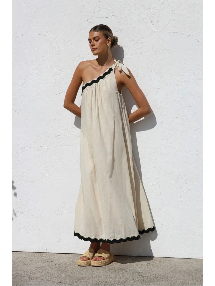 Solid Color Casual Dress For Lady 2025 Summer New French With Sloping Shoulders Lace Up Temperament Vacation Style Long Vestidos