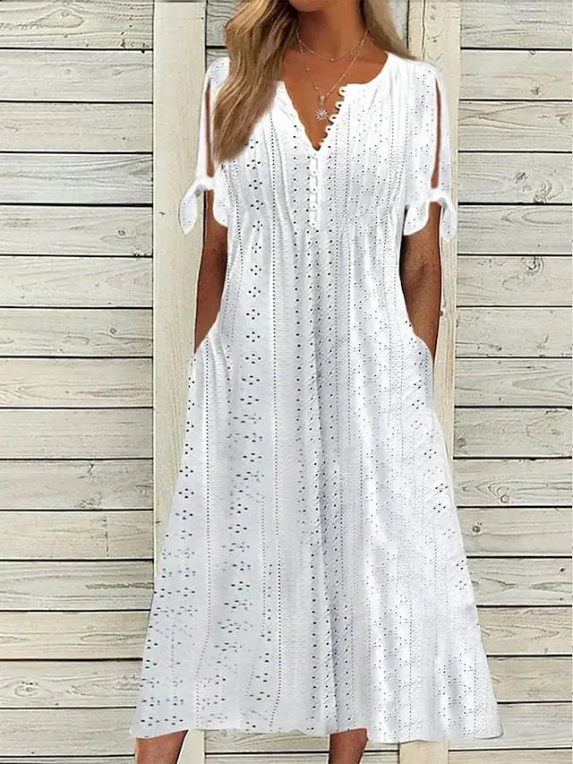 Summer New Women's Mid Length Dress With Sexy Holes Hollowed Out Lace Up V-neck Pleated Edges Fashionable Patchwork Dress
