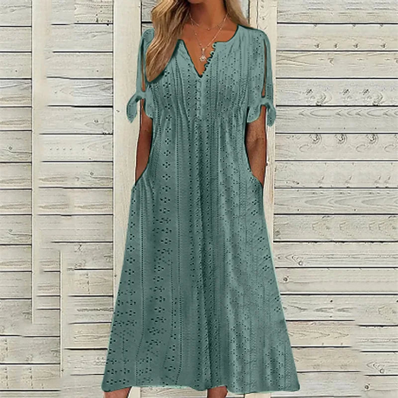 Summer New Women's Mid Length Dress With Sexy Holes Hollowed Out Lace Up V-neck Pleated Edges Fashionable Patchwork Dress
