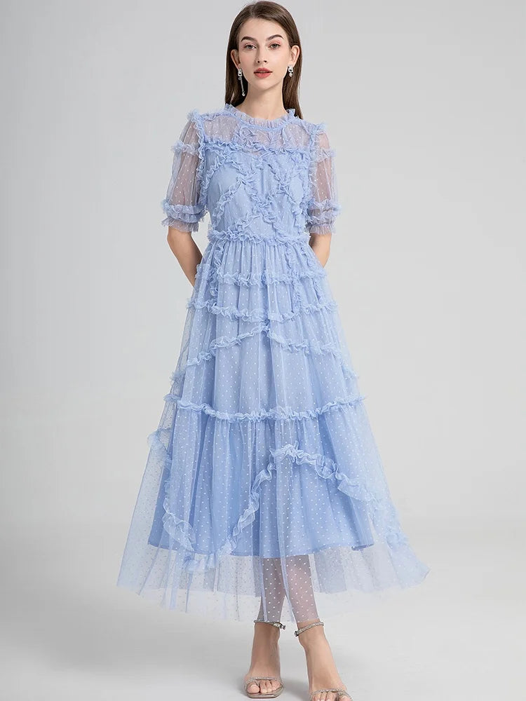 Long Summer Cake Prom Dress Women's Elegant Dot Robe Luxury Ruffles Gauze Mesh Embroidery Edible Tree Fungus Wedding Vestido