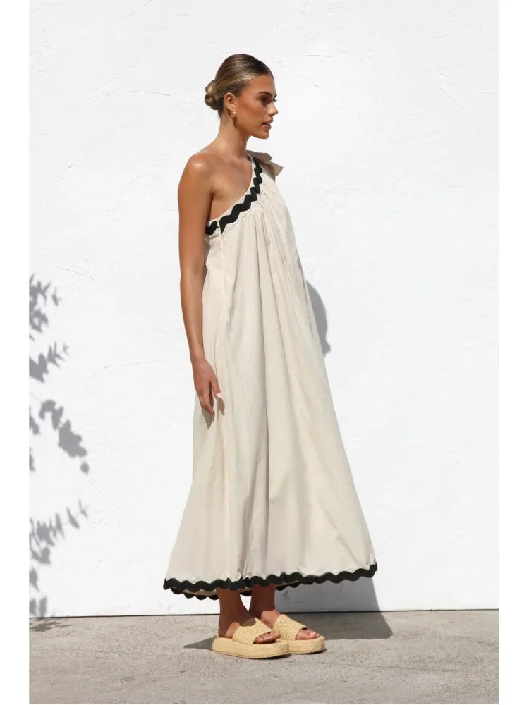 Solid Color Casual Dress For Lady 2025 Summer New French With Sloping Shoulders Lace Up Temperament Vacation Style Long Vestidos