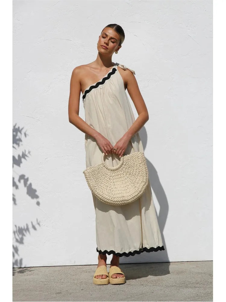 Solid Color Casual Dress For Lady 2025 Summer New French With Sloping Shoulders Lace Up Temperament Vacation Style Long Vestidos