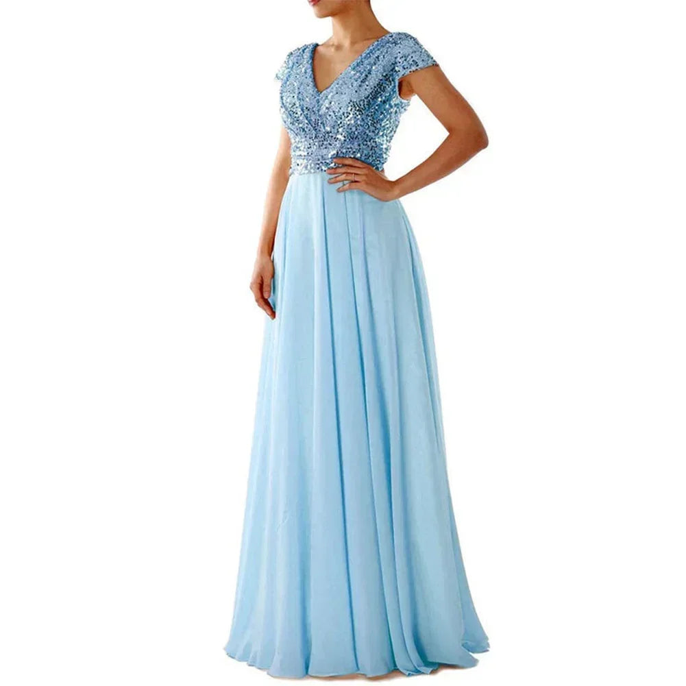 Sequins V-neck Dress Women New Cocktail Party Dresses Summer Maxi Long Bodycon Elegant Dress Vestidos Party Evening Dress