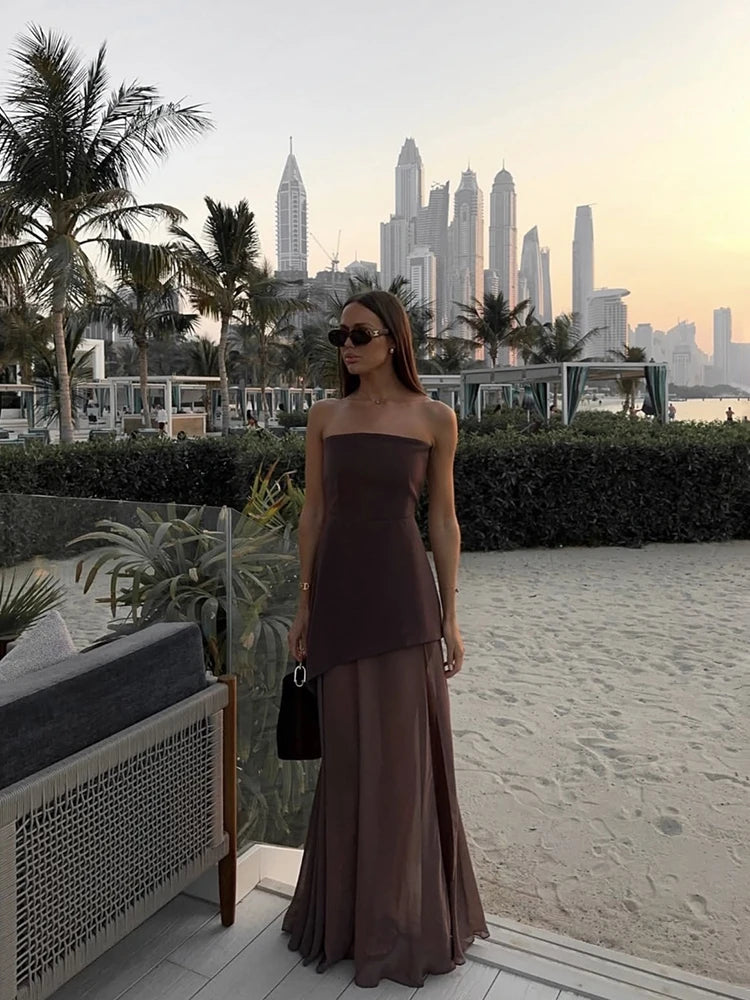 2025 Summer Women Fashion Strapless Dress With Ribbon Patchwork Elegant Sleeveless Mesh Split Dress Vacation Beach Long Dresses