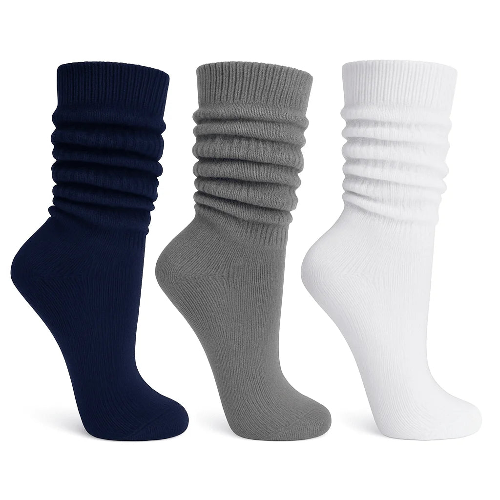 3-Pack Extra Long Navy Gray and White Slouch Socks for Women Knee-High Cotton Blend for All-Day Comfort
