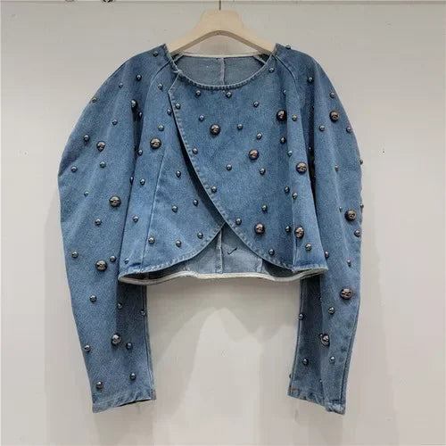 Spring Autumn Women Rivets Long Lantern Sleeve Denim Coat Short Pearls Beading Jeans Bomber Jacket Cowboy Cardigan Tops