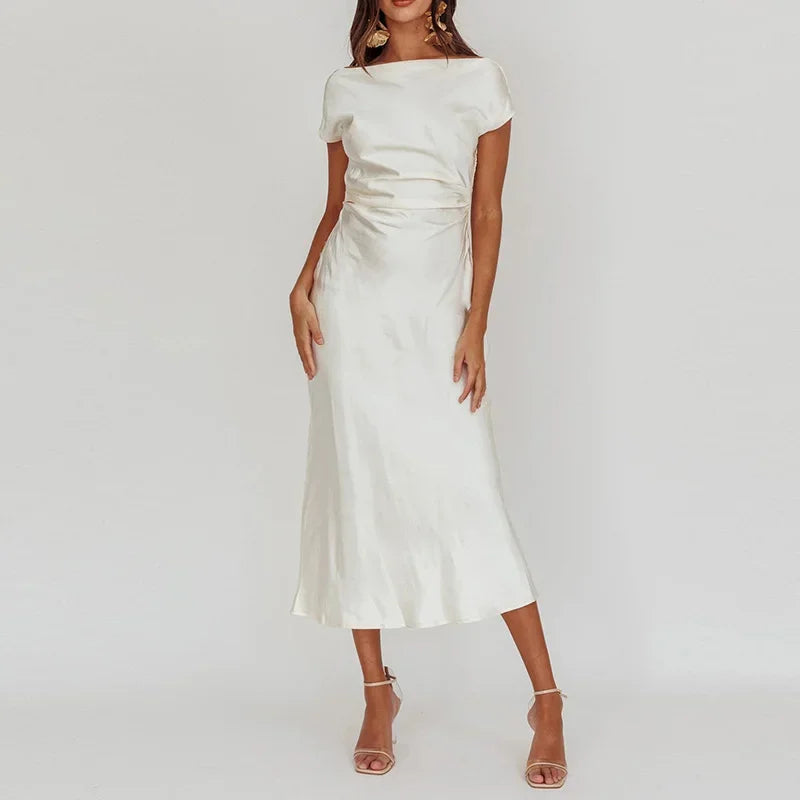 Chic Short Sleeve Evening Dress Temperament Women Silk Satin Party Long Dress Elegant Solid Color Banquet Female Formal Dress