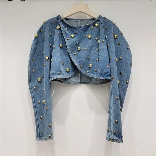 Spring Autumn Women Rivets Long Lantern Sleeve Denim Coat Short Pearls Beading Jeans Bomber Jacket Cowboy Cardigan Tops
