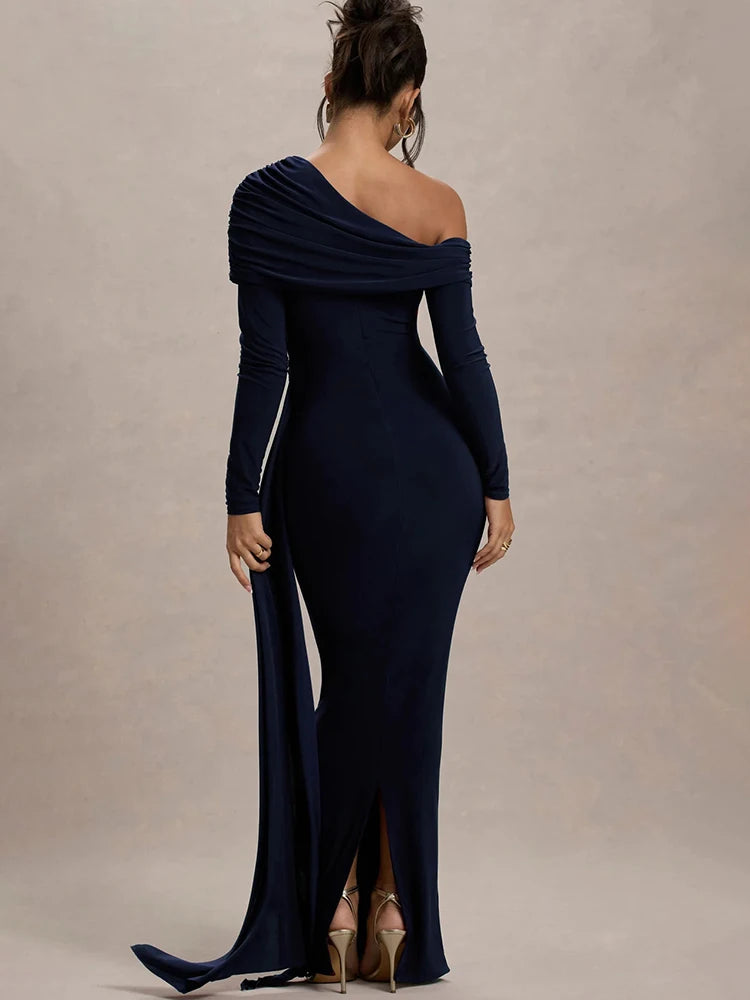 JULISSA MO Sexy One Shoulder Bandage Women Long Dress Black Long Sleeve Evening Dress