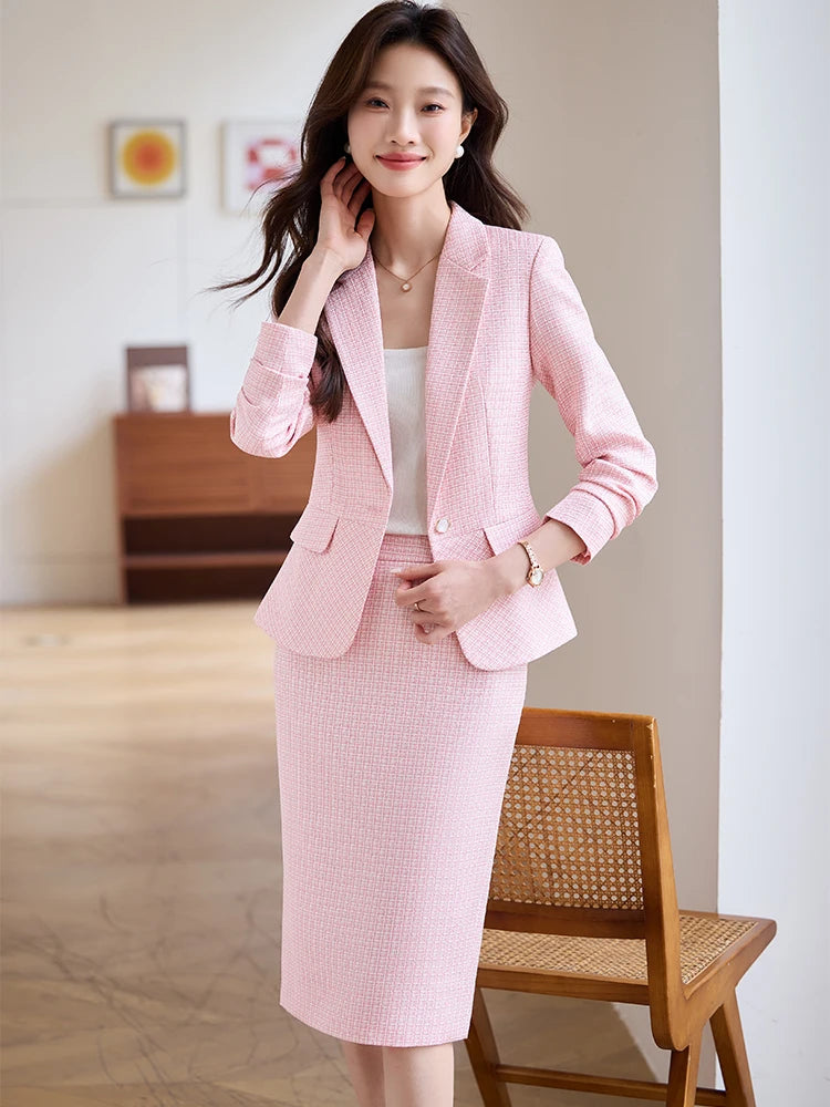 Fashion Women Formal Blazer Skirt Suit Ladies Apricot Pink Blue Female Two Piece Set For Spring Autumn Winter 