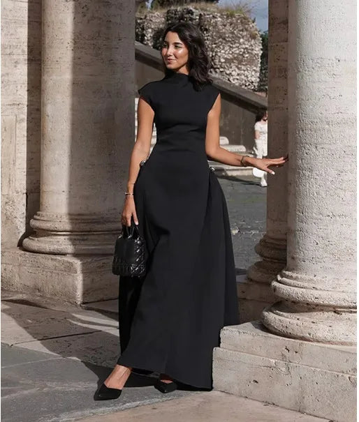 Elegant Brown Diagonal Neck Long Dress Vintage Women's Loose Black Metal Buckle Sleeveless Maxi Dresses Female 2025 Summer Robe