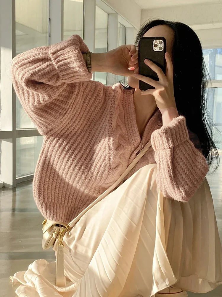 Korean Thick Women Cardigan Knitted Sweater Autumn Winter chic Loose Long Sleeve Tops Simple Solid sweater jacket for Female