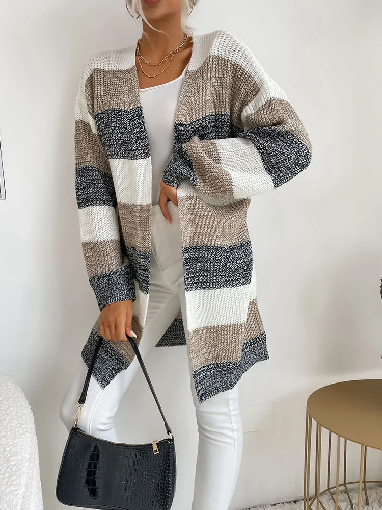 Women Long Sleeve Patchwork Soild Colour Long Knit Coat Sweater Cardigan Loose Autumn Outdoor Warm Cardigans Casual