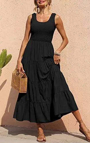 Dresses For Women Summer Sexy Elegant Sleeveless Floral Solid Color Long Dress Fashion Elastic Waist Beach Party Big Swing