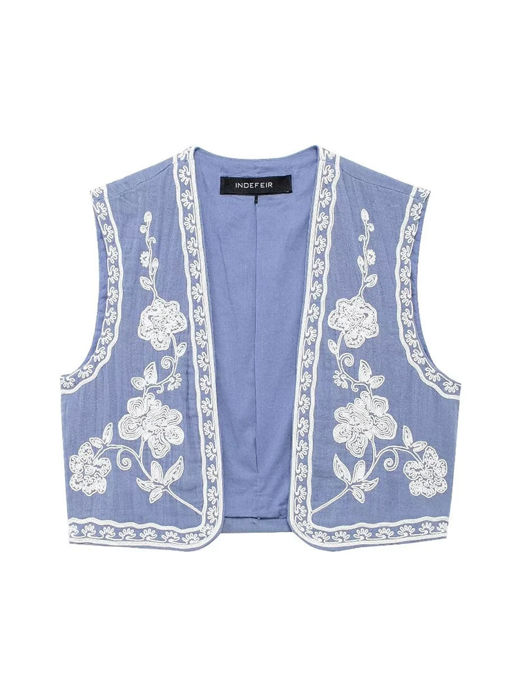 New Women Sleeveless Embroidered Vest Causal Female Vintage Boho Vest Woman Cropped Jacket Waistcoat Women Cardigan