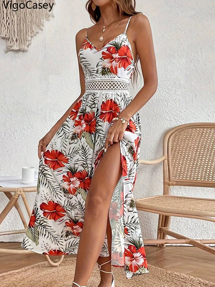 VigoCasey 2025 Summer Female Print Casual Bodycon Dress Women Sexy Sleeveless Strap Long Dress Lace Patchwork Tight Club Dresses