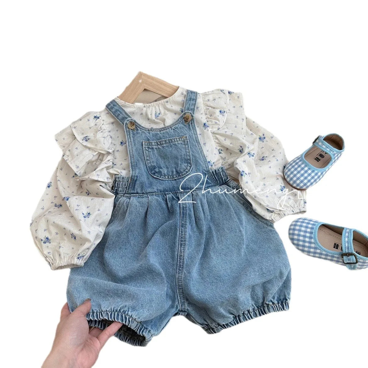 2023 Spring and Autumn New Girl's Clothing Sets Kids Cute Floral Doll Shirt+Cowboy Strap Pants Two Piece Set for Baby Girls