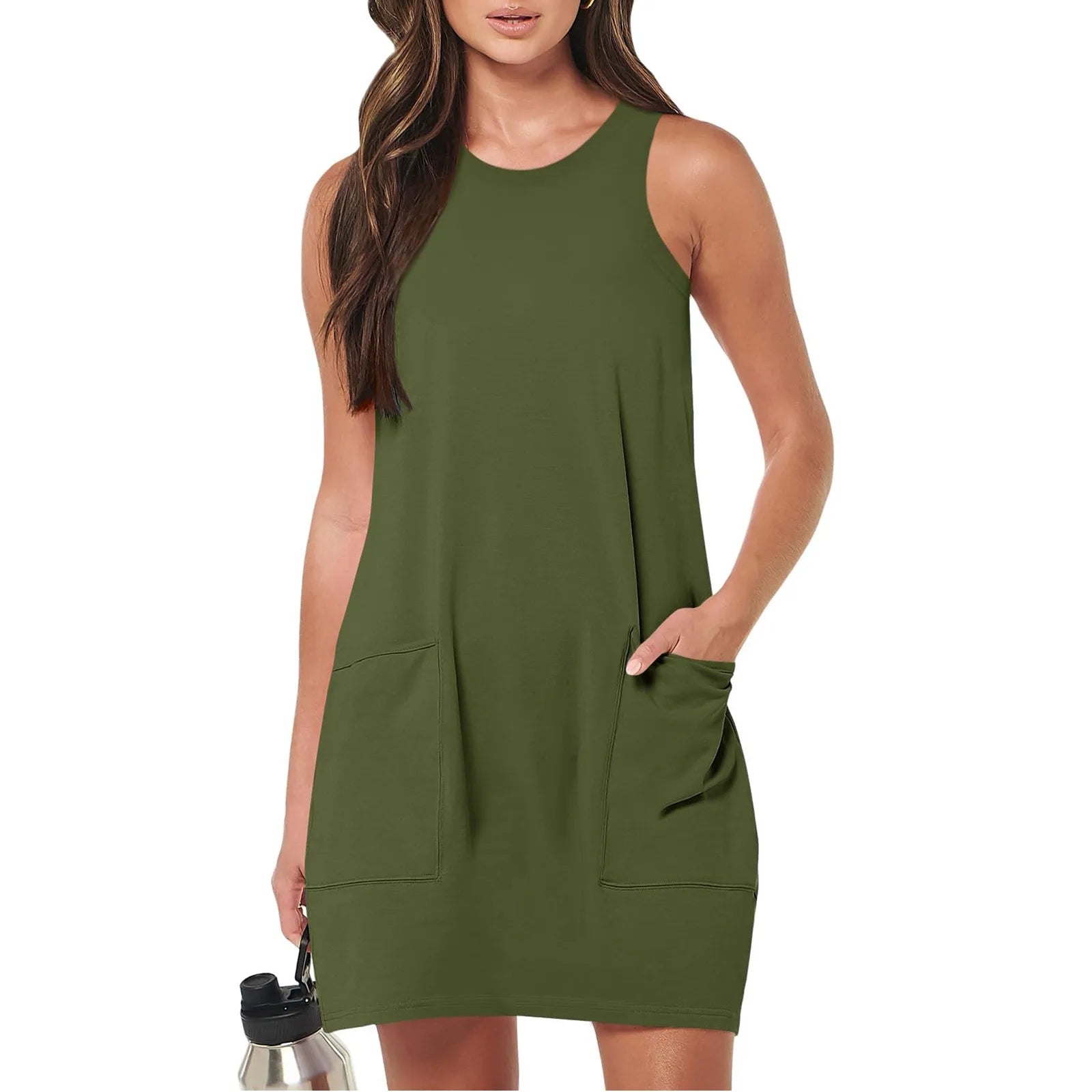 Summer Casual Solid Colour Vintage Sleeveless Round Neck Sundress With Pockets For Women Short Beach Vacation Tank Dresses