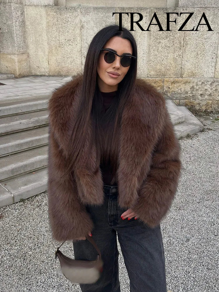 TRAFZA Women Solid Faux Fur Jackets Casual Long Sleeves For Warmth Winter Coat Woman Elegant Turn-Down Collar Loose Outerwear