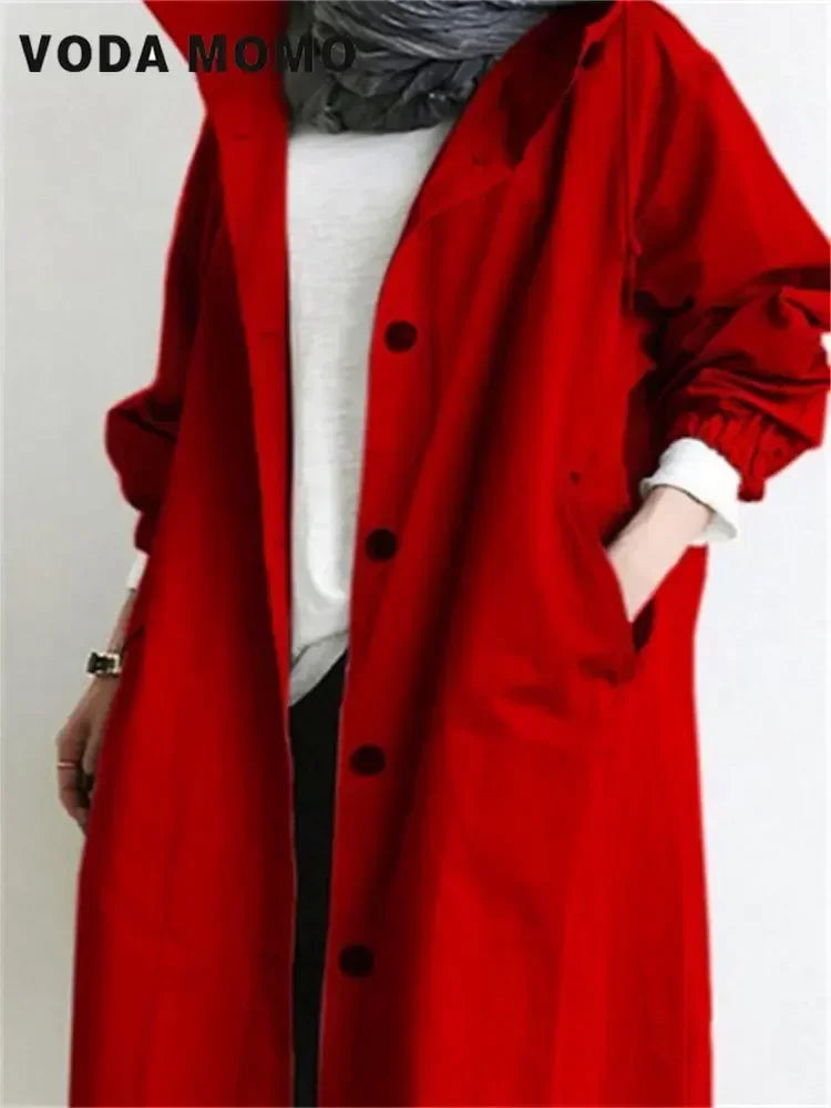 Spring Autumn Casual Korean Fashion Hooded Medium Long Overcoat Loose Windproof Coat Women Trench Coat Solid Color Pocket