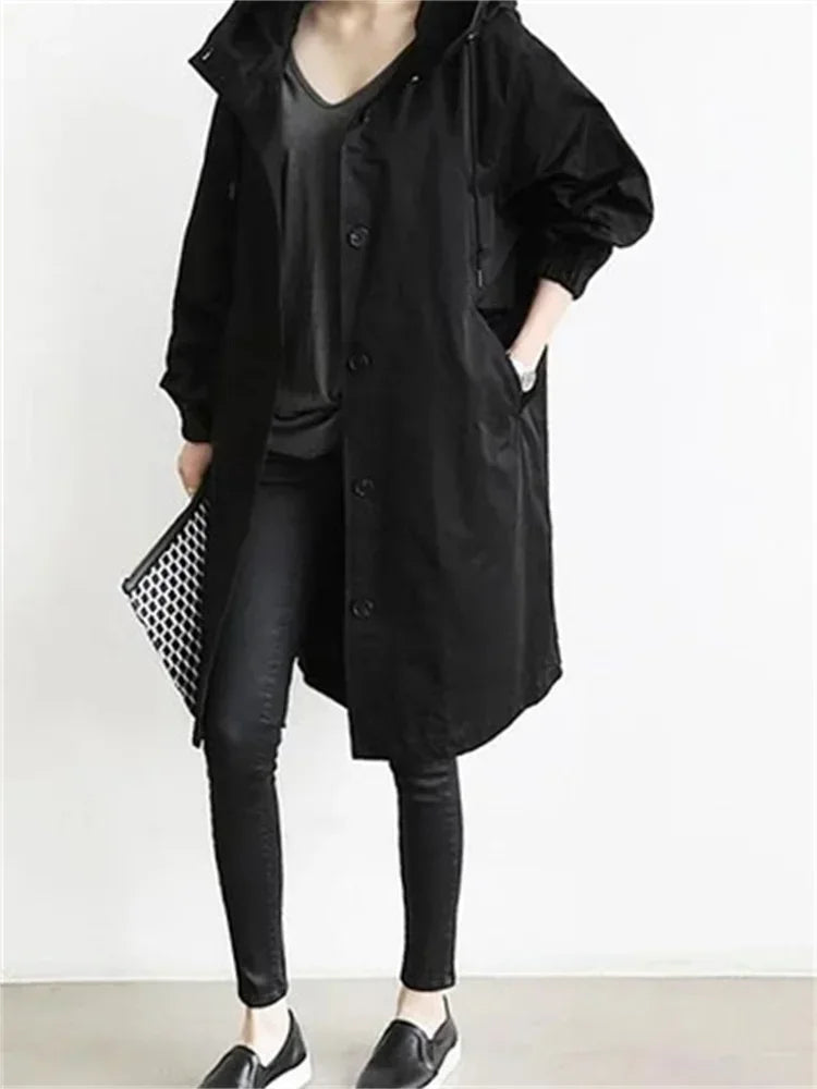 Spring Autumn Casual Korean Fashion Hooded Medium Long Overcoat Loose Windproof Coat Women Trench Coat Solid Color Pocket